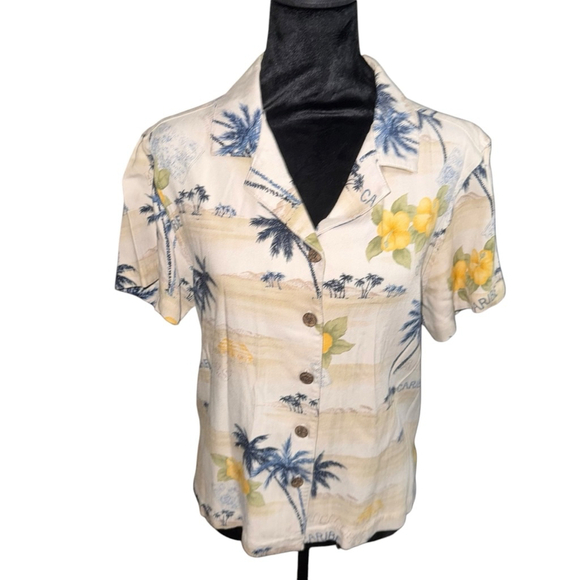 Women's vintge La Cabana Beige Hawaiian Button Down Shirt Size Petite Large 90s - Picture 1 of 9